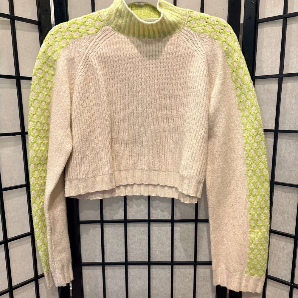 Wild Fable Cream Ribbed Mock Neck Sweater Lime Green Crochet Detail XS
